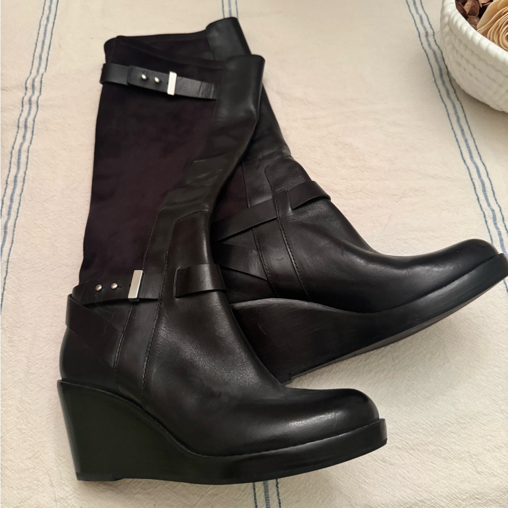 Only worn twice, Cole Haan gorgeous black wedge boots, size 7